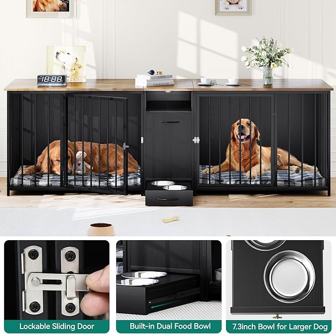 YITAHOME Double Dog Crate Furniture 94.5 inch with Feeder Bowls, Large Breed Dog Kennel with Divider and Storage Drawer, Heavy Duty Dog House TV Stand Indoor for 2 Large/Medium Dogs, Black