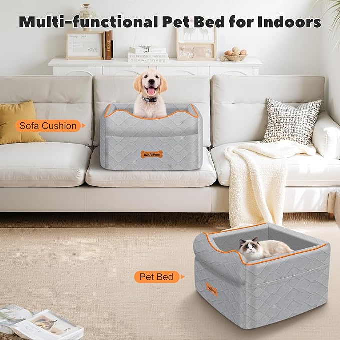 Small Dog Car Seat, Waterproof Dog Booster Seat with Thick Cushion & Safety Leash, Removable Car Back Seat Bed for 1 Small Dogs Under 25lbs, Pet Car Seat for Travel, Gray