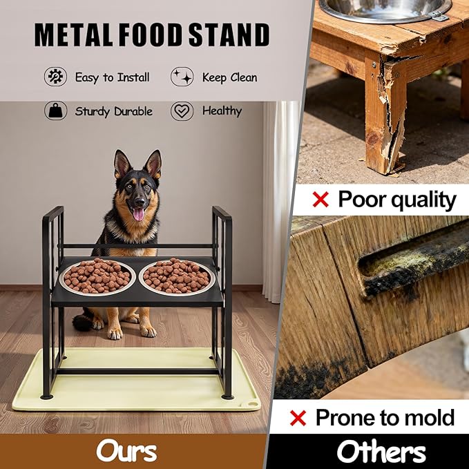Elevated Dog Bowls 4 Height Adjustable Metal Pet Food Feeder Stand with 2 Stainless Steel Bowl Raised Dogs Feeding Station with Non-Slip Mats Black (Black, with Feeding Mat)
