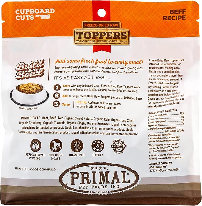 Primal Dog Food Toppers & Cat Food Toppers, Cupboard Cuts, Grain Free Meal Mixers with Probiotics, Raw Freeze Dried Dog Treats & Cat Treats, Great for Training (Beef, 3.5 oz)