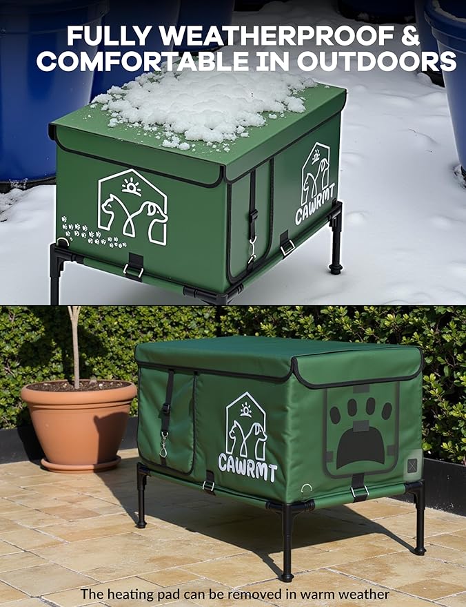 X-Large Heated Cat House for Outdoor Winter, Full-Coverage Cat House Heater, Indestructible 100% Waterproof Insulated Outside Cat Shelter for Feral Barn Cat Protection (Green, 27x18x20)