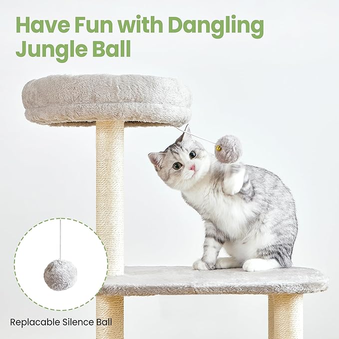 Cat Tree Tower for Indoor Cats Large Adult - 42 Inch Small Cats Condo Bed with Scratching Post Hammock Perch - Medium Multi Level Cat House for 2 Kitty Kitten - Grey Tall Climbing Towers Furniture