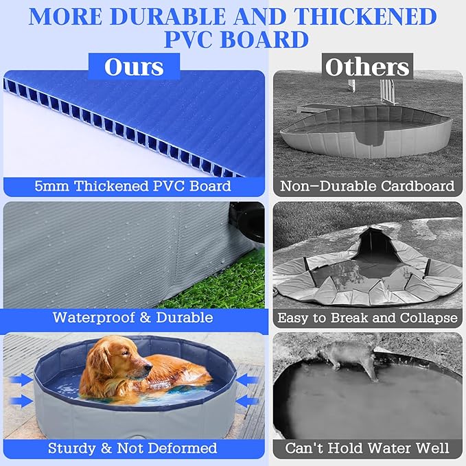 Foldable Dog Pool, Portable Pet Bath Tub and Kiddie Swimming Pool, Collapsible Bathtub for Puppies, Small, Medium and Large Dogs, Cats and Kids, 39.5 x 12 in, Gray