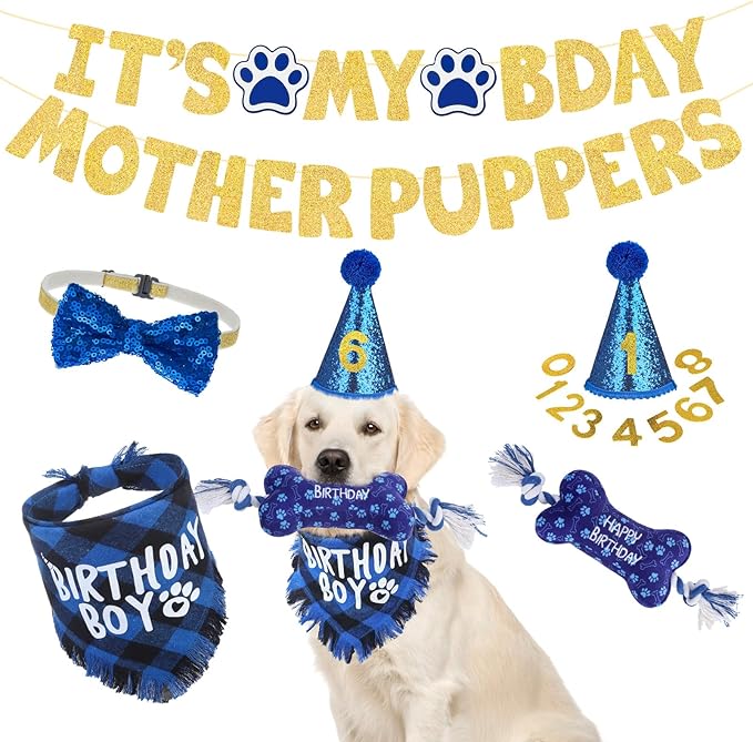 SCENEREAL Dog Birthday Party Supplies, Dog Birthday Bandana Hat Toy Bow Tie Collar Set with Birthday Numbers, Pet Birthday Scarf Accessories Outfit Decorations for Boy Girl Large XL Dogs