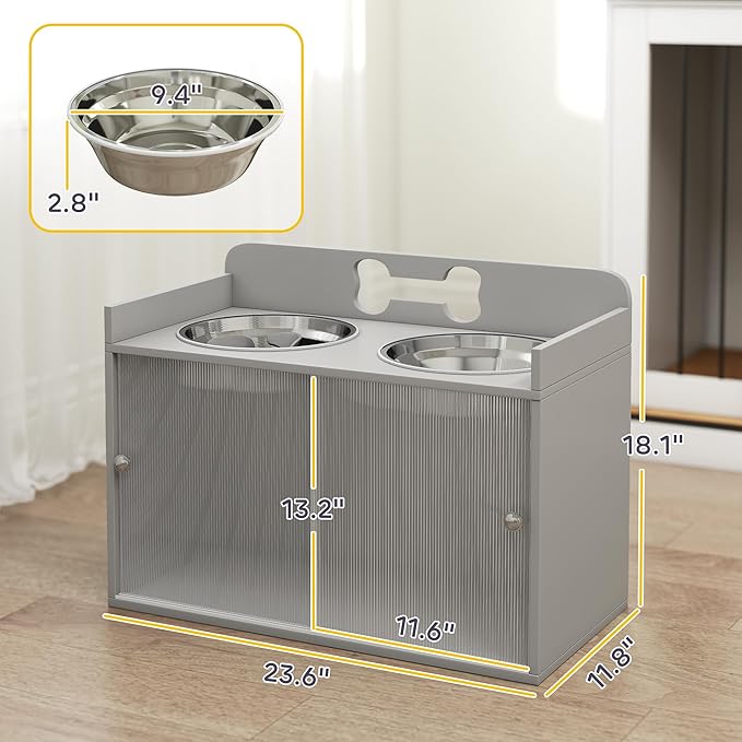 PawHut Elevated Dog Bowls with Storage, Raised Dog Bowl Stand with 2 Stainless Steel Food Dishes and Slow Feeder, Pet Feeding Station for Large Breeds, Gray