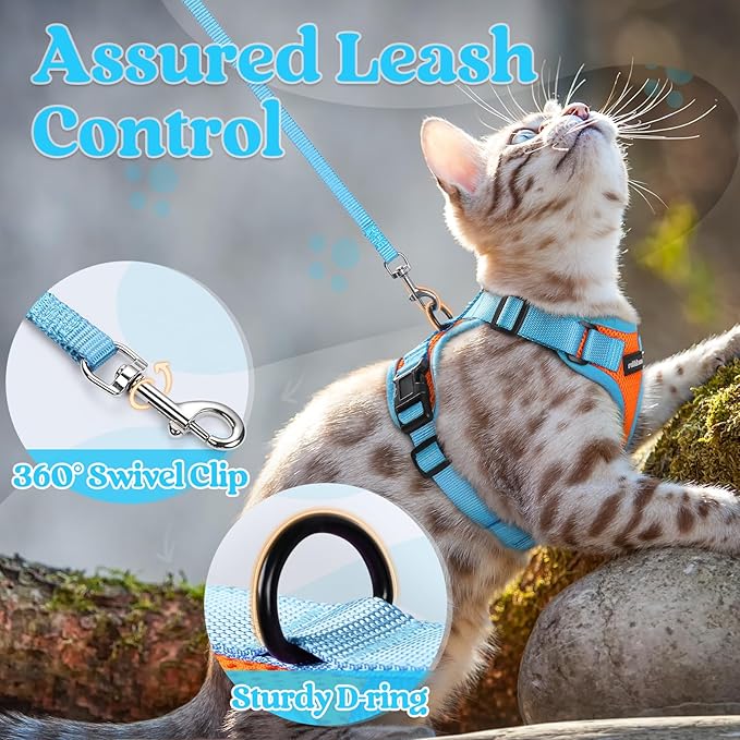 rabbitgoo Cat Harness and Leash Set, Escape Proof Soft Adjustable Vest Harnesses for Outdoor Walking, Easy Control Breathable Kitten Jacket with Reflective Strips, Orange & Light Blue, S