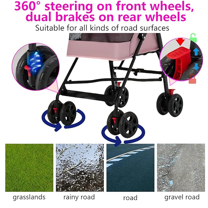 Pet Stroller for Small Dogs and Cats,CYUmail 4 Wheels Foldable Dog Stroller,Puppy Carrier for Small Dogs 0-15 lbs w/Cup Holder,Breathable Visible Mesh,Pink