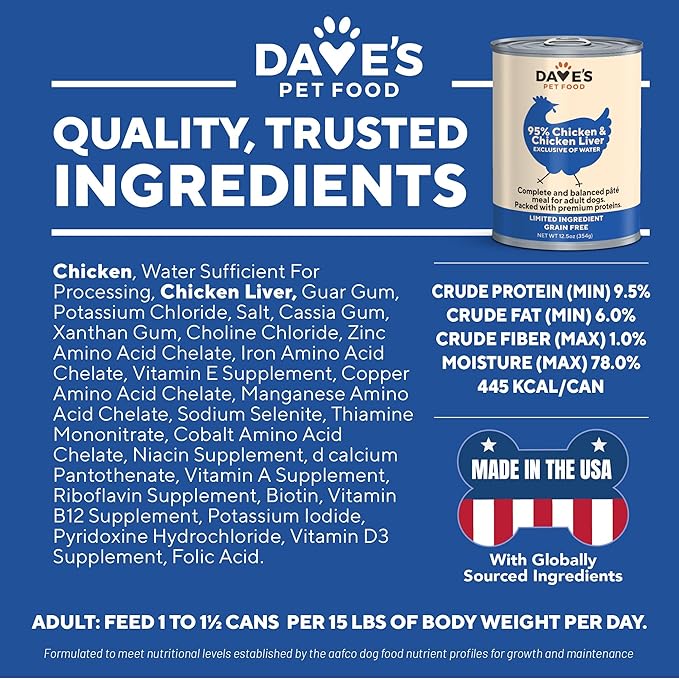 Dave's Pet Food Grain Free Wet Dog Food (95% Chicken & Chicken Liver), Made in USA Single-Source Protein, Limited Ingredients, 12.5 oz Cans (12 Pack)