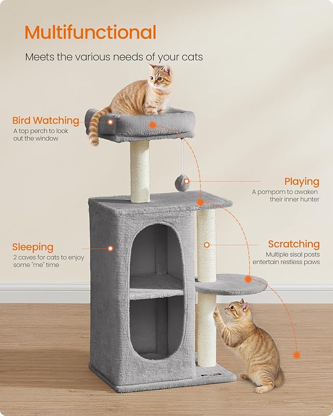 Feandrea Cat Tree, Small Cat Tower for Indoor Cats, Plush Cat Caves with Perch, Scratching Posts, for Small Spaces, Kittens, Light Gray UPCT005G01