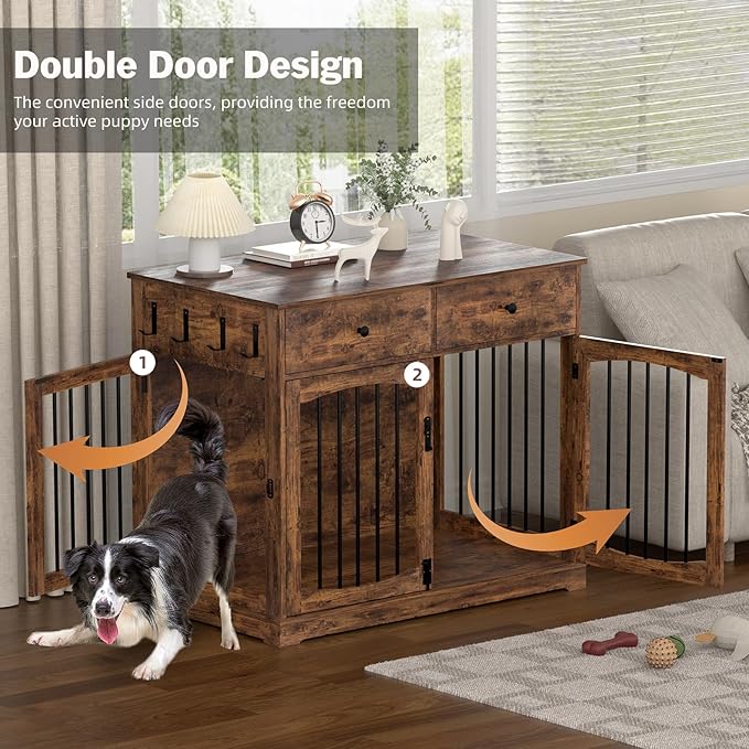 40'' Wooden Dog Crate Furniture–Farmhouse Dog Kenel-Multi Purpose Pet House with Double Doors, 2 Drawers, for Small, Medium & Large Dogs–Rustic Brown Finish