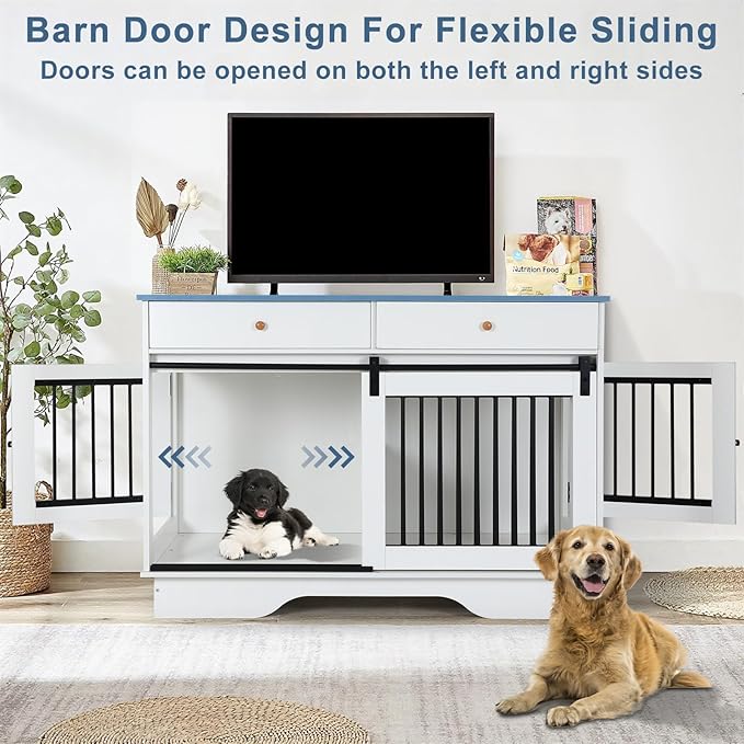 Dog Crate Furniture for 2 Dogs, Dog Kennel with 2 Storage Drawers & Divider, Large Double Dog Cage As TV Stand, Furniture Style Dog Crates with Sliding Barn Door (Blue & White)