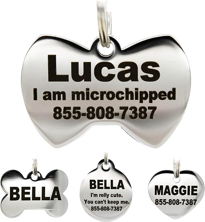 Stainless Steel Pet ID Tags - Engraved Personalized Dog Tags, Cat Tags Front & Back up to 8 Lines of Text – Bone, Round, Heart, Flower, Badge, House, Star, Rectangle, Bow Tie