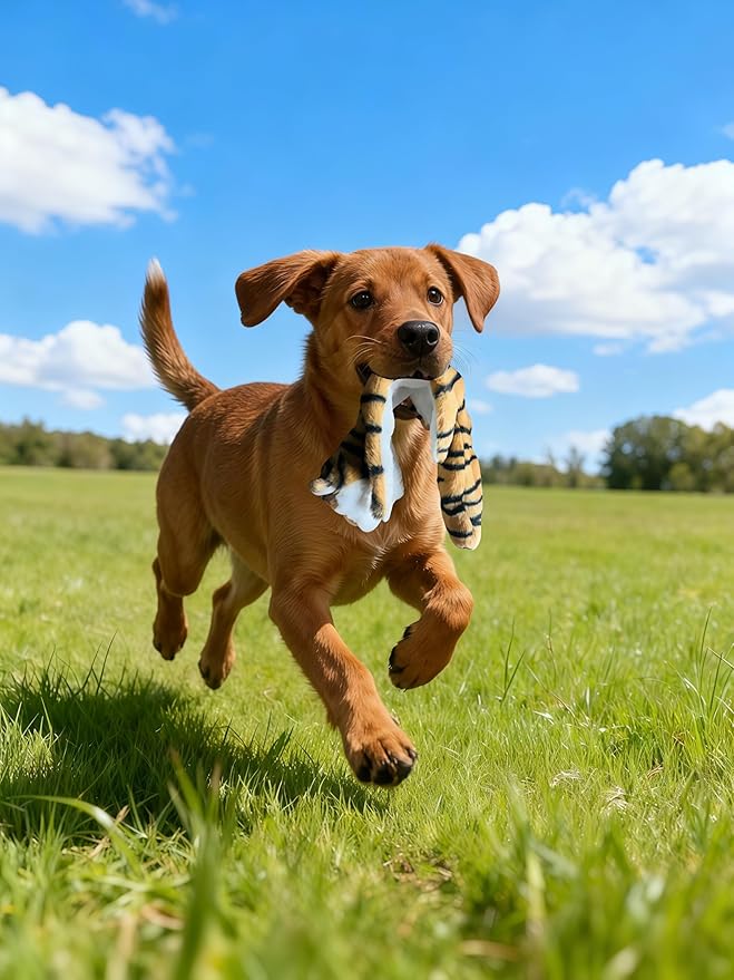Squeaky Plush No-Stuffing Dog Toys, 4-Pack Animal Set, Fox Tiger Skunk Raccoon, Small & Medium Dogs