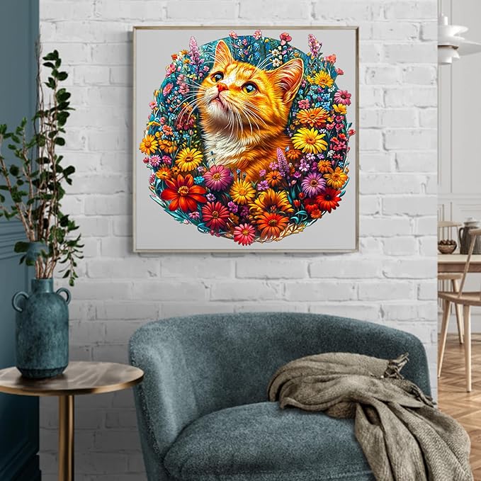KAAYEE Wooden Puzzles for Adults, Cat in Flowers 190 Piece Unique Animal Shape Puzzle, Cat Wood Puzzle for Adults, Creative Gifts for Friends/Family, Home Decor(11.4 * 11.4in)