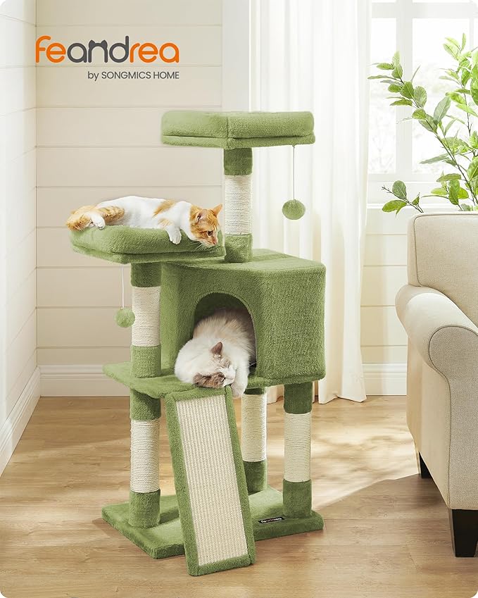 Feandrea Cat Tower, Cat Tree for Indoor Cats, 45.3-Inch Cat Condo with Scratching Post, Ramp, Perch, Spacious Cat Cave, for Kittens, Elderly Cats, Adult Cats, Small Space, Grass Green UPCT141C01
