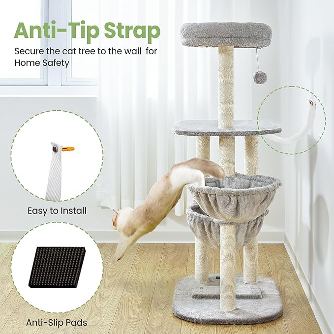 Cat Tree Tower for Indoor Cats Large Adult - 42 Inch Small Cats Condo Bed with Scratching Post Hammock Perch - Medium Multi Level Cat House for 2 Kitty Kitten - Grey Tall Climbing Towers Furniture