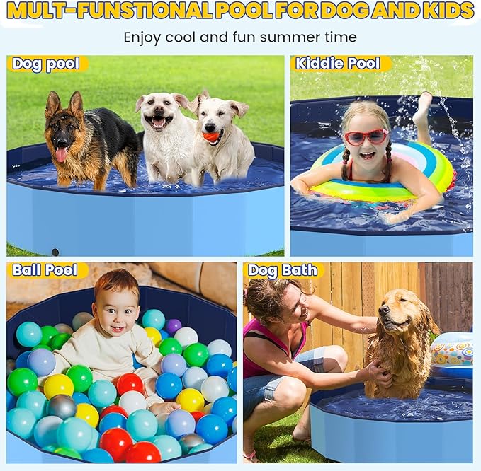 97" Foldable Dog Pool Kiddie Swimming Pool, Plastic Non-Slip Hard Shell Kids Wading Pool, Large Portable Collapsible Pet Puppy Bathing Tub, Heavy Duty - Family Size, 8 ft x 16 inch.D - 5XL