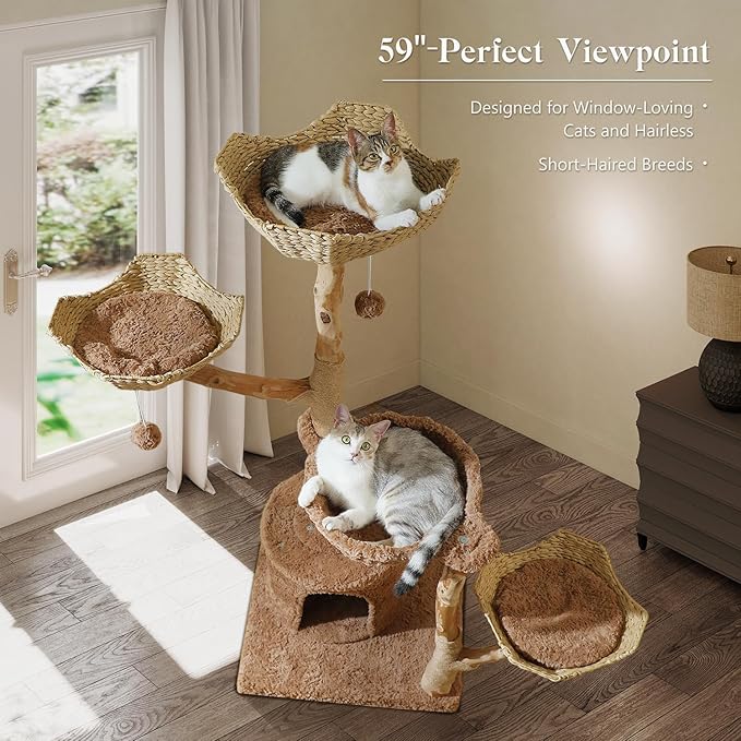 59" Cat Tree Tower with Real Solid Wood Natural Branch, Modern Cat Tree for Large Cats w/3 Handwoven Wicker Baskets- Luxury Boho Cat Furniture w/Condo & Soft Hammock, Scratching Post, Brown