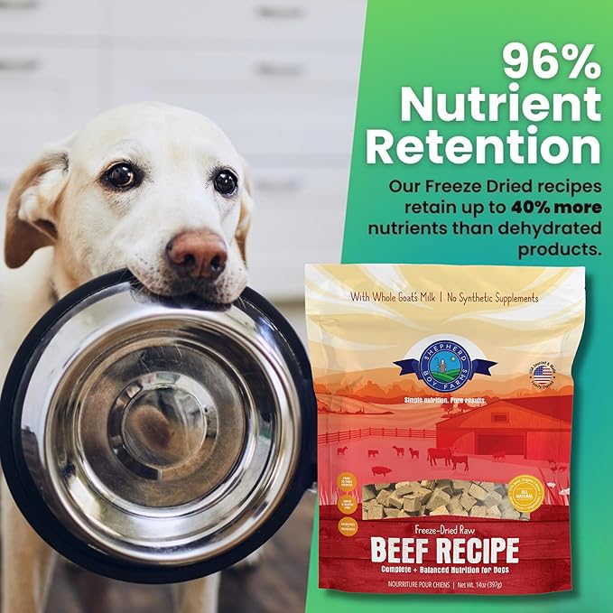 Shepherd Boy Farms Freeze Dried Raw Dog Food, All Natural, No Synthetics, Made in USA with Goat's Milk & Organic Produce, High Protein, Complete Meal (14oz, Beef)
