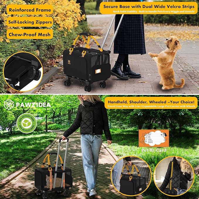 PAWZIDEA Expandable Pet Carrier with Wheels, 18"x11"x11" TSA Airline Approved Cat Carrier for 2 Cats Under Seat, Soft-Sided Dog Carrier for Small Dogs Rolling Travel Bag w/Telescopic Handle, ID Card