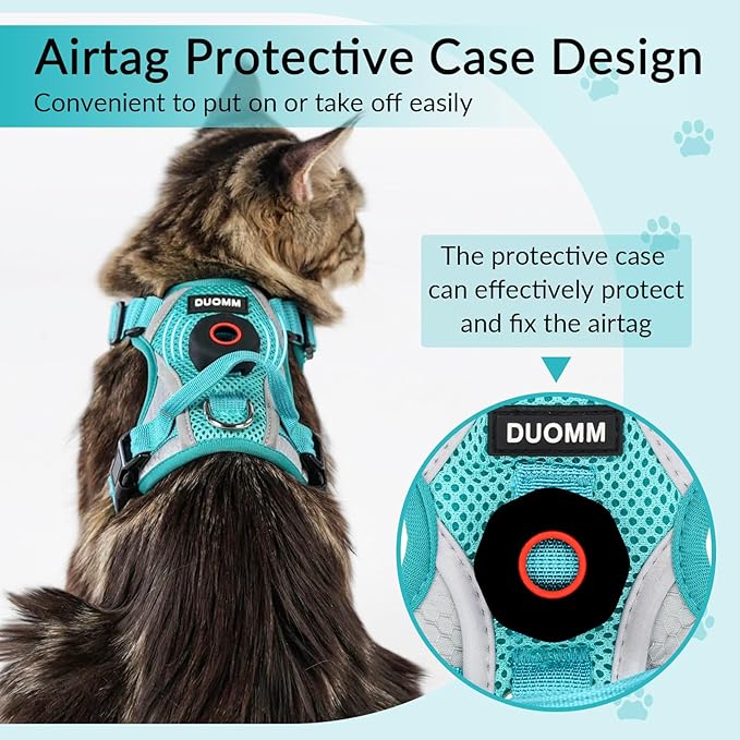 Cat Harness and Leash Set with AirTag Holder: Upgraded Escape Proof Vest with Lead for Small Dog Puppy Large Cat Walking，Soft Breathable Mesh Coat with Reflective Strip (Green, L)