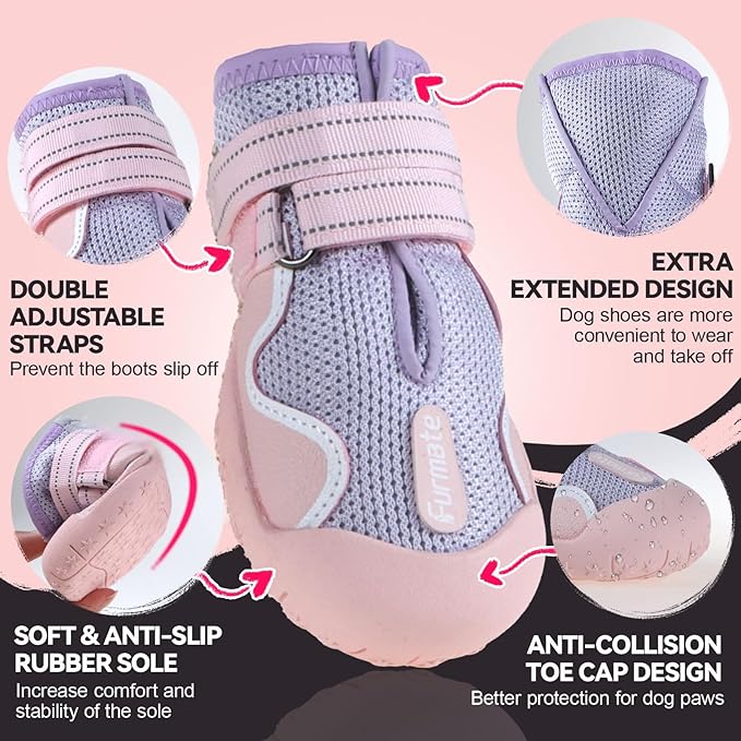Dog Shoes for Large Small Medium Dogs, Breathable Mesh Dog Boots & Paw Protectors for Summer Hot Pavement Winter Snow, Waterproof Anti-Slip Dog Booties for Hiking Hardwood Floors(Pink-Purple8)