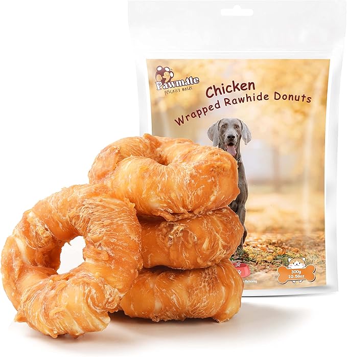 Dog Treats Large Breed, Chicken Wrapped Rawhide Donut Rings, Rawhide Dog Chews Long Lasting, Grain Free Training Snacks with Taurine for Medium Large Dogs, 4 Counts