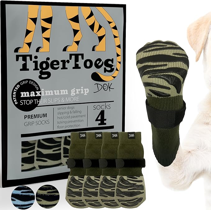 DOK TigerToes Premium Non-Slip Dog Socks for Hardwood Floors - Extra-Thick Grip That Works Even When Twisted - Prevents Licking, Slipping, and Great for Dog Paw Protection (Forest Green, X-Small)