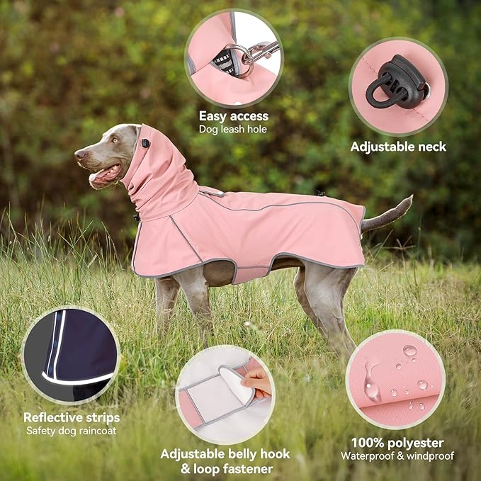 Reflective Dog Raincoat, Windproof & Waterproof Dog Rain Jacket, Adjustable Hooded Pet Poncho with Leash Hole for Small, Medium, Large Dogs(S-2XL) (Pink, Large)
