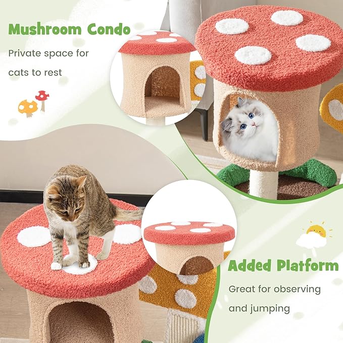 Tangkula Mushroom Cat Tree, Cute Cat Tower with Full-Wrapped Sisal Post, Scratching Board & Spring Ball, Cat Condo, Flower Cat Tree Tower for Indoor Cats Large Adult (23.5 Inch)