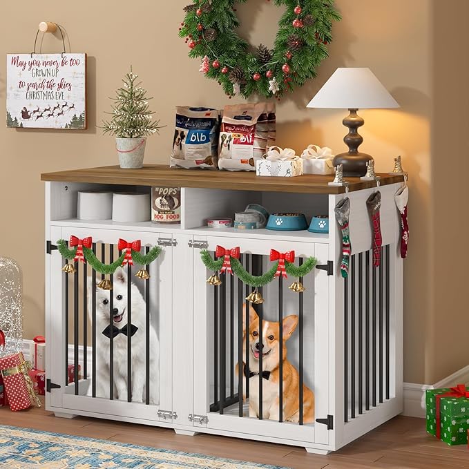 Furniture Dog Crate for Two Dogs, 41 Inch Furniture Style Dog Kennel with Removable Divider and Thickened Desktop, Heavy-Duty Base for Small to Medium Dogs, White