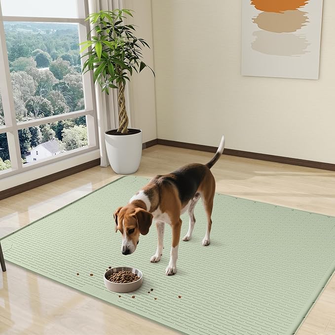 Dog Food Mat, Extra Large 50" x 35" Silicone Pet Feeding Mat with Raised Edge Pet Placemat for Small, Medium, and Large Pets Non-Slip, Easy to Clean (Green)