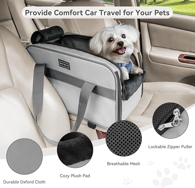 PETSFIT Multipurpose Console Dog Car Seat, Portable Small Dog Car Seat for Dogs, Cat Carrier, Pet Carrier Airline Approved with Safety Tether and Pockets (Light Grey)
