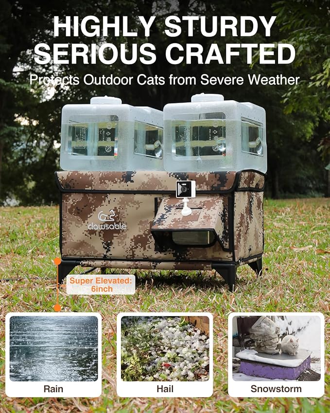 Indestructible Heated Cat House with Pet Camera for Outside Winter, 100% Waterproof, Escape Door, Insulated Outdoor Cat Shelter with Heater for Feral Barn Cat Kitty (Desert Camouflage, 26"x16"x18")