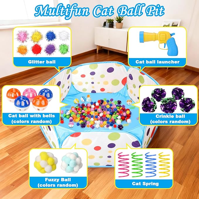 219PCS Cat Ball Pit with Balls, Interactive Toy for Indoor Bored Cats with Ball Launcher, Jingle Balls, Crinkle Balls, Springs, Pom Pom Balls, Cat Enrichment Toys, Kitten Toys for Self Playing
