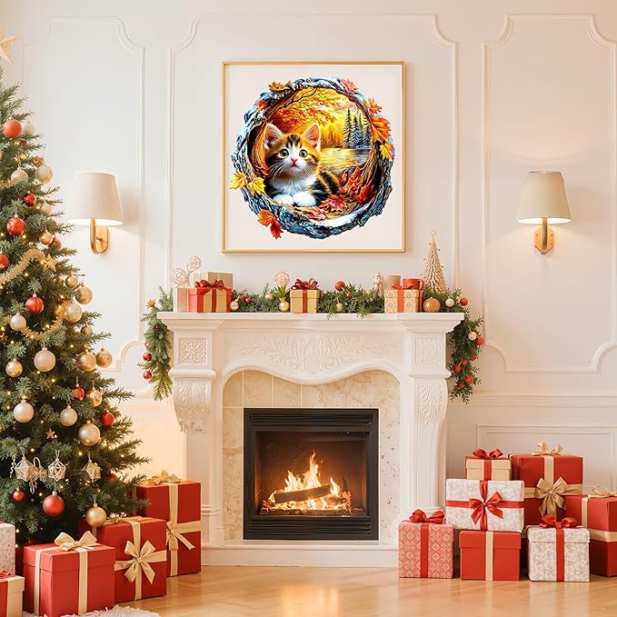 Wooden Puzzles for Adults - Kitten in Autumn Wooden Jigsaw Puzzle, Unique Animal Shaped Wood Puzzles Adult, Christmas Birthday Gifts for Friends/Family, Home Decor 8.5 * 8.4in 100pcs