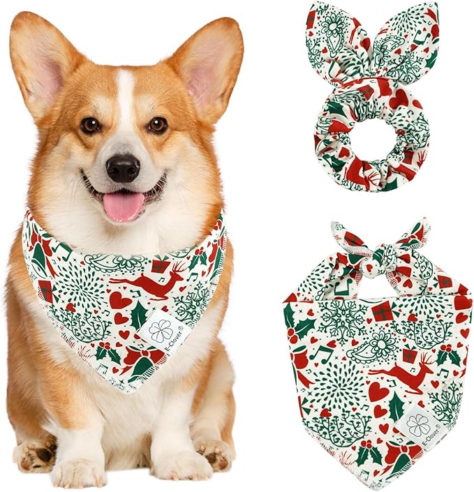 E-Clover Christmas Dog Bandanas & Matching Scrunchie Set White Green Red Dog Scarf Bibs Pet Bandana with Bow Tie for Small Dogs Puppy Owner Mom Winter