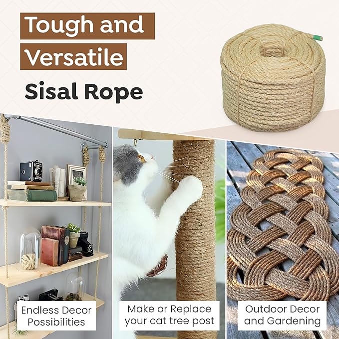 Premium Brazilian Sisal Rope, Natural Fiber 100% Sisal, Ultra Durable, Chemical-Free, Ideal for DIY, Cats, Scratching Post Replacement, Home Decor, Garden, Crafting (5/16” 50 ft / 8mm 15m)