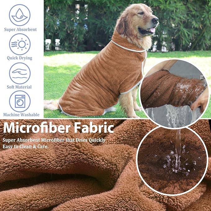 Dog Bathrobe Towel Dog Drying Coat - Super Absorbent Towels Bath Robe for Dogs Large, Soft Adjustable Collar & Belly Strap Fast Drying Coat Pet Cat Bath Robe (Brown, Small)