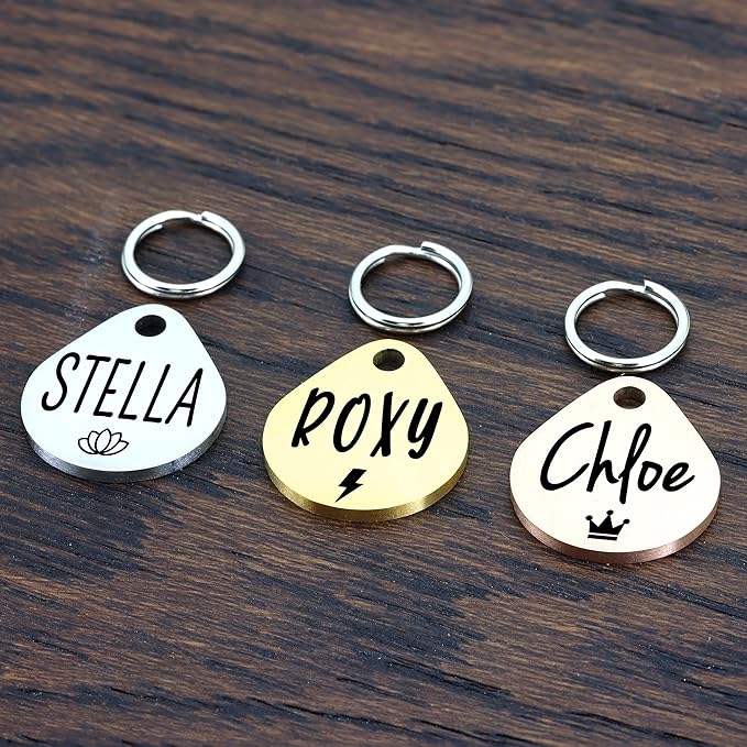 Ultra Joys Cat ID Tag Personalized Pet Tags, Durable Stainless Steel Small Pet Mini Dog Cat Tag Lightweight -Teardrop Tag in Rose Gold