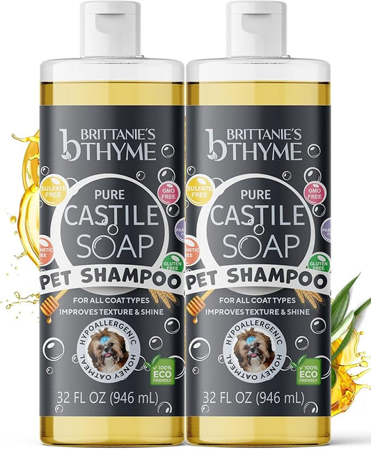 Brittanie's Pure Castile Pet Wash - 32oz 2 Pack | Gentle Shampoo + Conditioner for Dogs, Cats, Horses | Improves Coat | for Allergies and Itching | Deodorizes, Moisturizes & PH Balanced