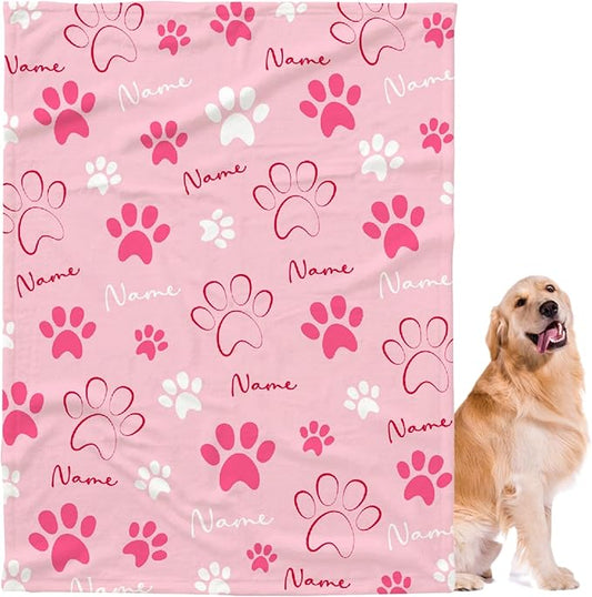 Custom Pet Name Blanket Personalized Dogs Customized Puppy ,Dog Gift for Dog Lovers Mom Dad Cute Paw Prints Soft Flannel Throw Bed Sofa Travel Extra Large 120''x90'' Dog Paw Print Bone-4
