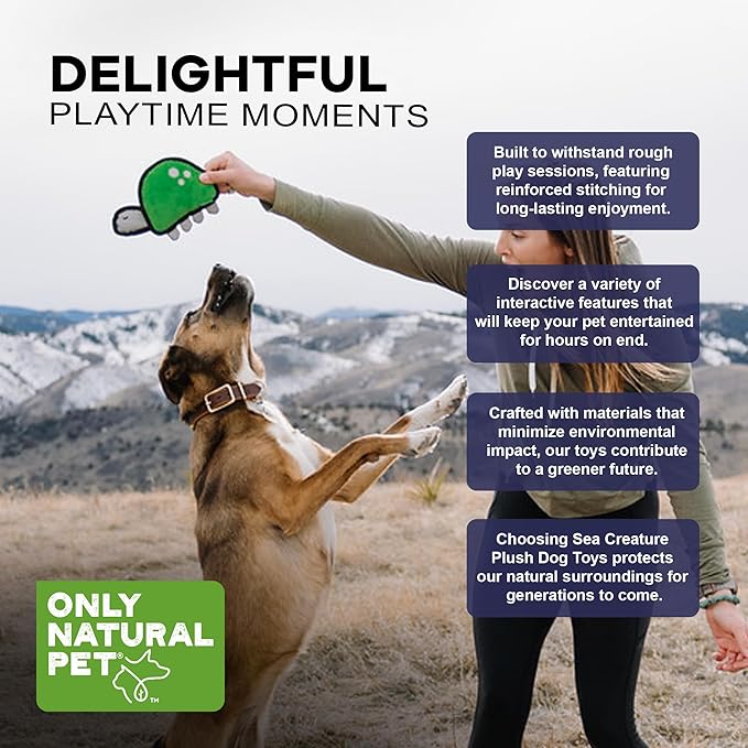 Only Natural Pet Sea Creatures Recycled Plush Dog Toys - Durable Double-Stitched Design with Internal Squeaker, Rope Tug Tail & Plush Head - Squeaky Pet Toy | Titan The Turtle, 11" x 5.5"