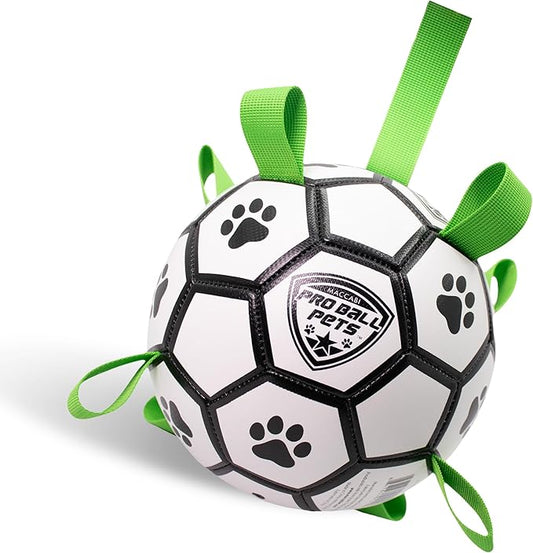 ProBall Pets Interactive Dog Soccer Ball with Grab Tabs - Floats on Water, Fetch & Training Toy for Medium Dogs, Herding Breeds - Waterproof Non-Toxic - 7" White Green