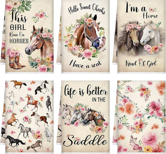 TecUnite 6 Pcs Horse Kitchen Towels Set Funny Floral Tea Towels Gifts for Horse Lovers Dish Towels Decorative Horse Hand Towel for Bathroom Cleaning Drying Tasks Women Mom Housewarming Gifts Decor