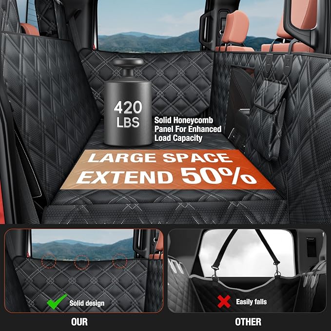 Truck Back Seat Extender for Dogs – Waterproof Full Size Pickup Pet Seat Cover with Door Protection, Hard Bottom Holds 420 lbs Dog Hammock for F150, RAM 1500 & More