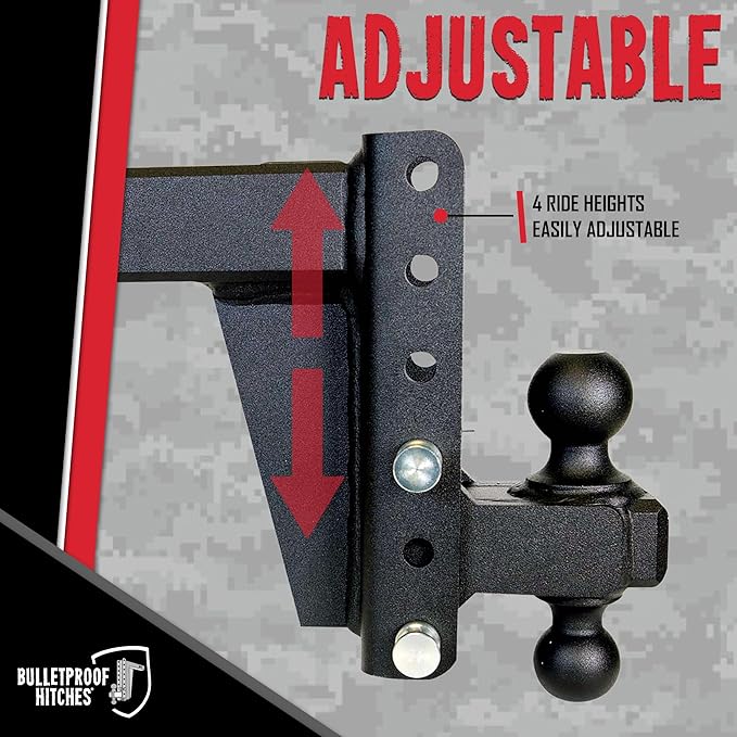BulletProof Hitches - 2.5" Adjustable Heavy Duty Trailer Hitch (22,000 lb. Rating) - 6" Drop/Rise Trailer Hitch with 2" & 2-5/16" Dual Ball - Powder Coat, Solid Steel, Corrosion-Resistant