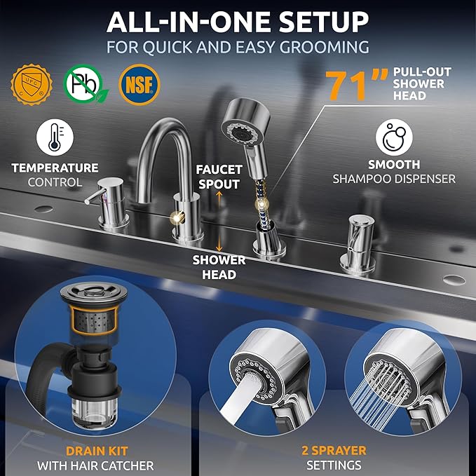 KANIS Professional Dog Washing Station - 304 Stainless Steel Pet Wash Sink & Grooming Bathtub w/Shower, Floor Grates and Storage for Large, Medium & Small Pets (50", Shelf - Left Ramp)