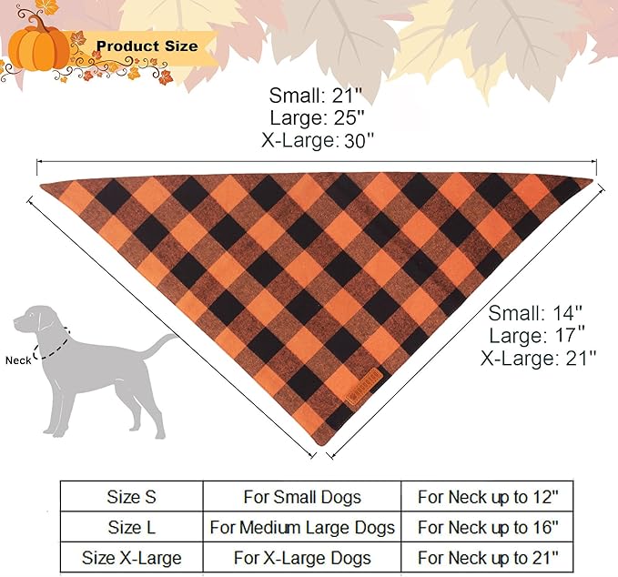 ADOGGYGO 4 Pack Plaid Dog Bandana for Fall Halloween Thanksgiving Christmas, Red Green Orange Plaid Pet Scarf Plaid Holiday Bandanas for Medium Large Dogs (Large)