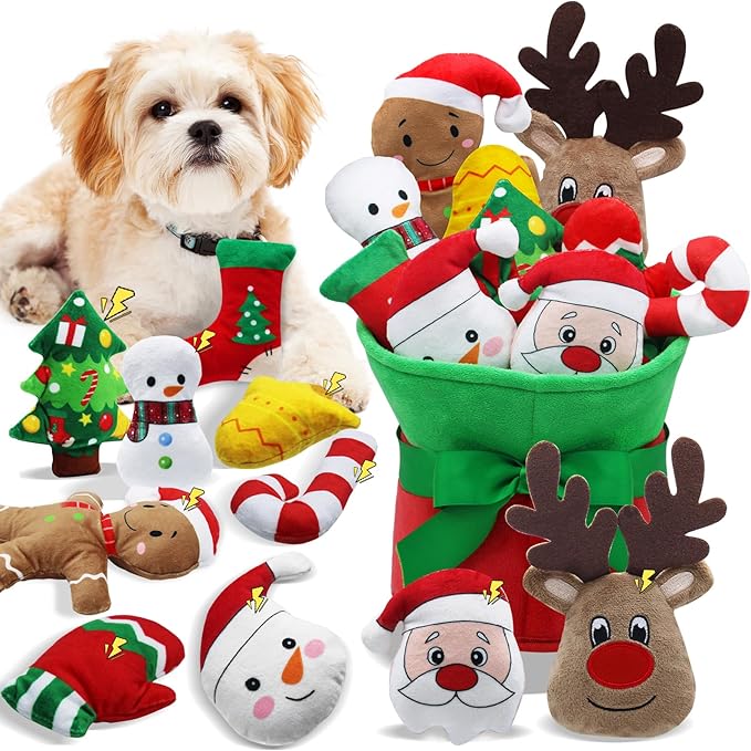 Squeaky Dog Toys, 11 Pcs Christmas Interactive Dog Toy Collection in Flower Bouquet Packaging,10 Adorable Animal Plush Toy